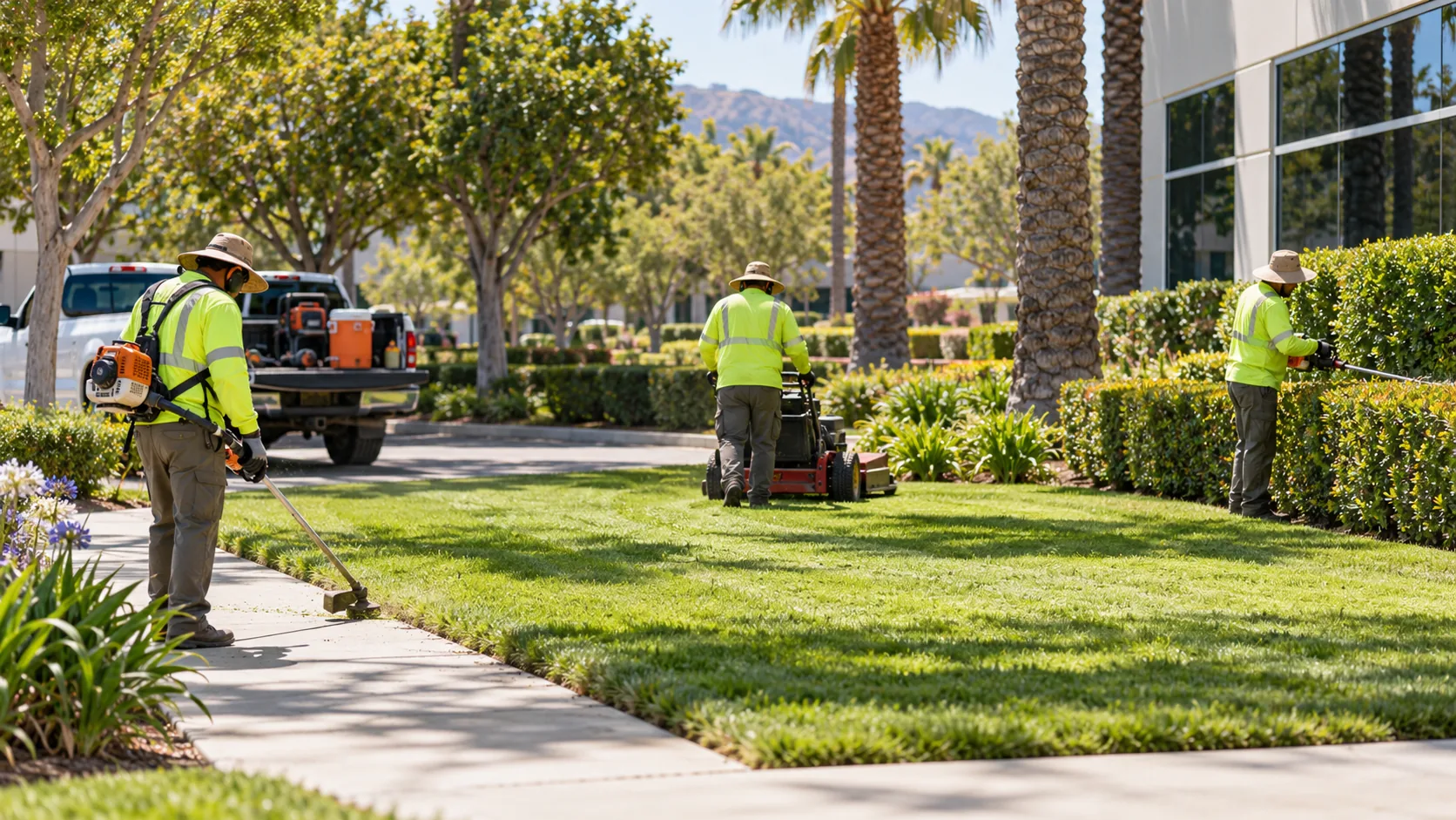 Landscaping crew in high-visibility shirts and wide-brim hats edging, mowing, and trimming hedges on a sunny commercial property