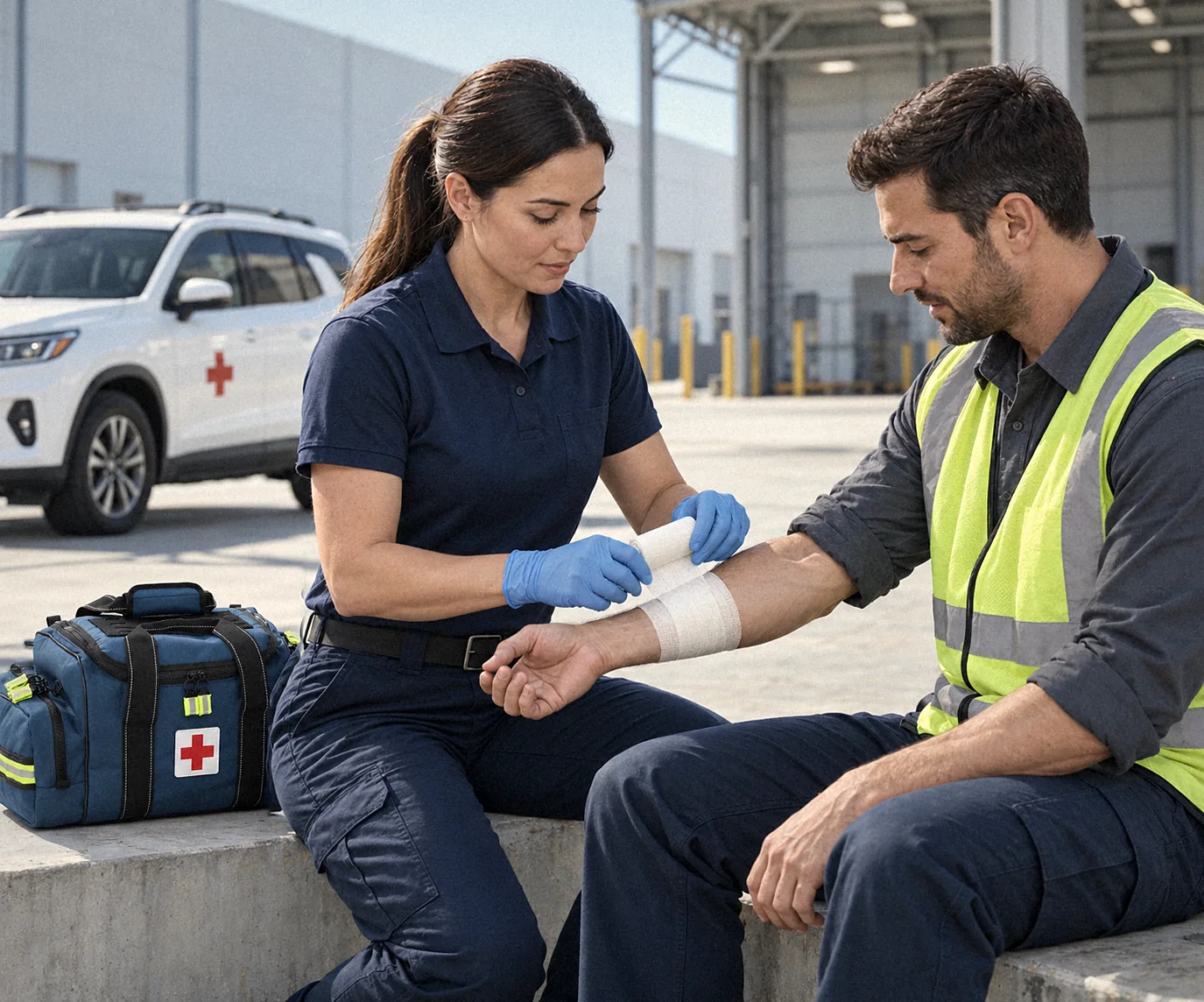 A mobile first-aid technician bandaging an employee's arm at a worksite