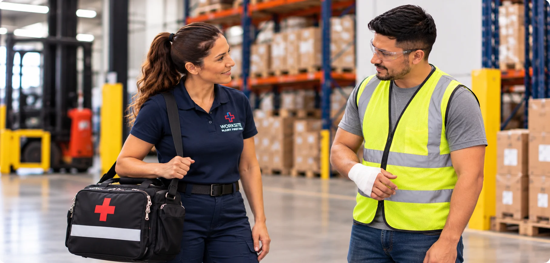 A technician and employee talking after first aid care is complete