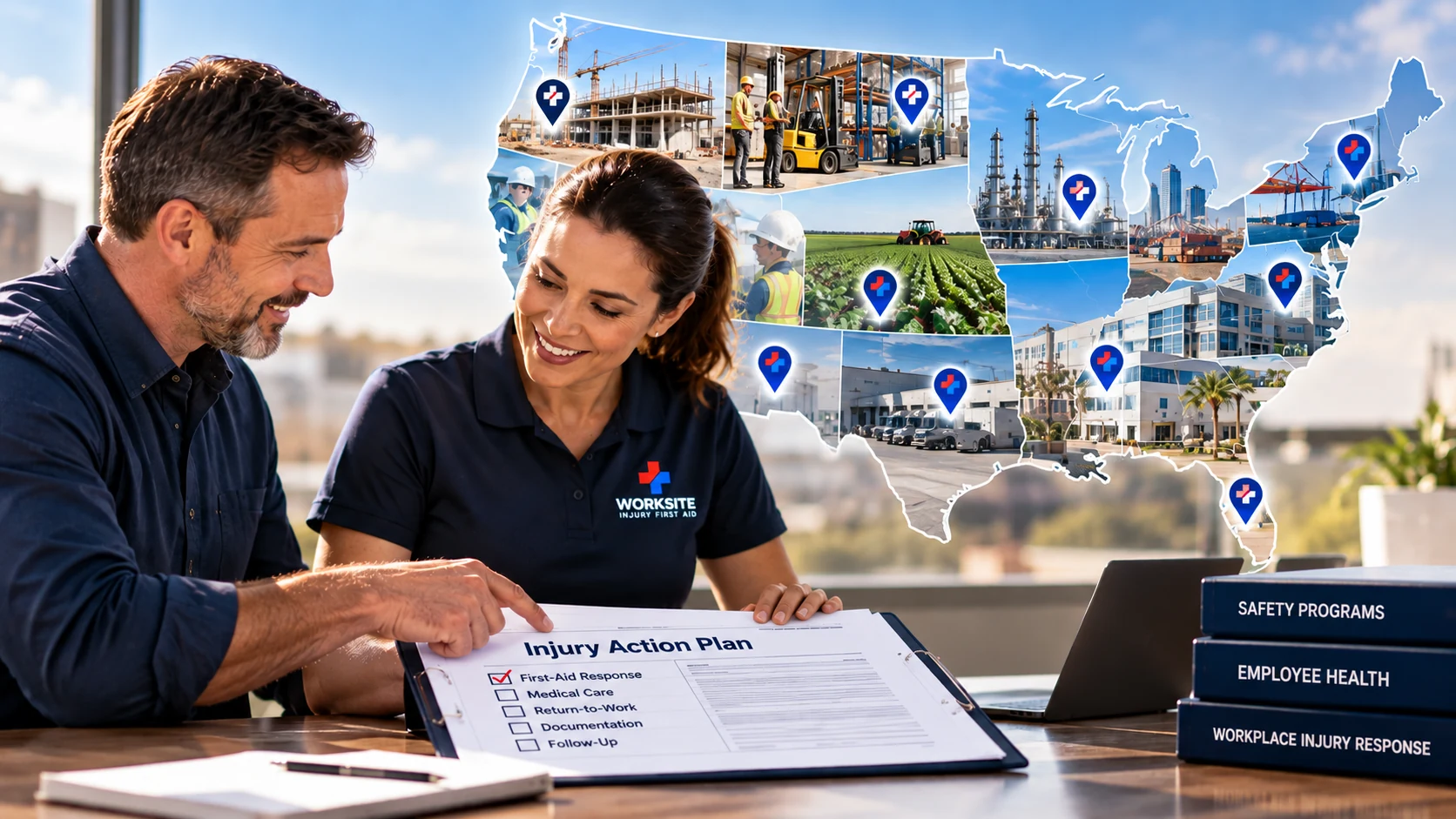An employer and a team member reviewing a workplace Injury Action Plan in front of a map of U.S. worksites