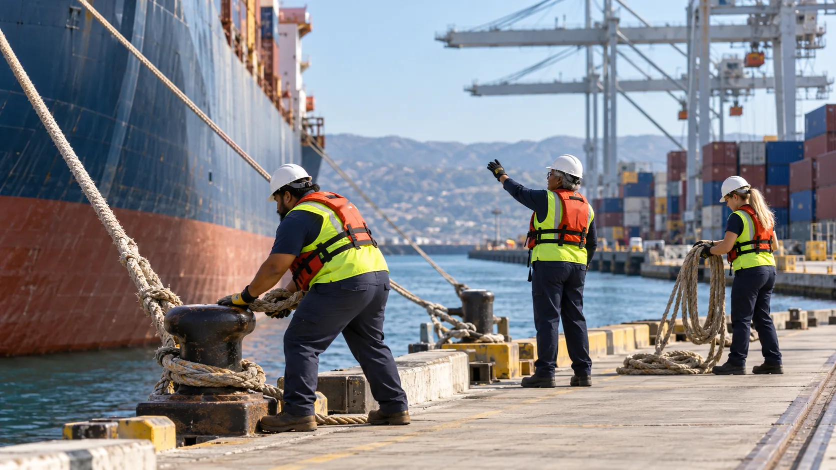 Line-handling crew in hard hats, hi-vis vests, and life vests securing a cargo vessel's mooring lines at a marine terminal