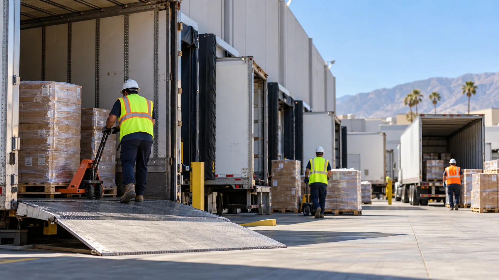 Employees in hi-vis vests and hard hats loading trailers at a freight terminal loading dock on a clear day