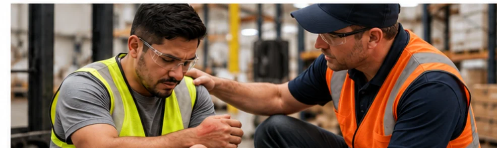 A coworker checking on an injured warehouse employee