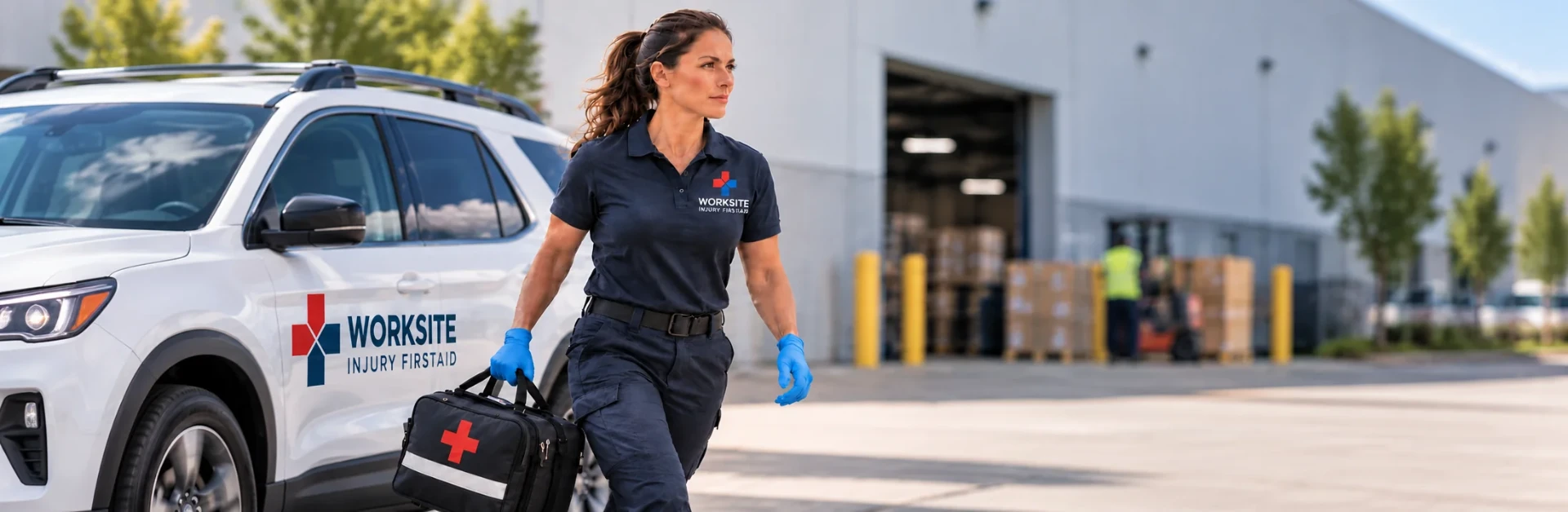 A mobile first-aid technician walking from a response vehicle with a first-aid bag
