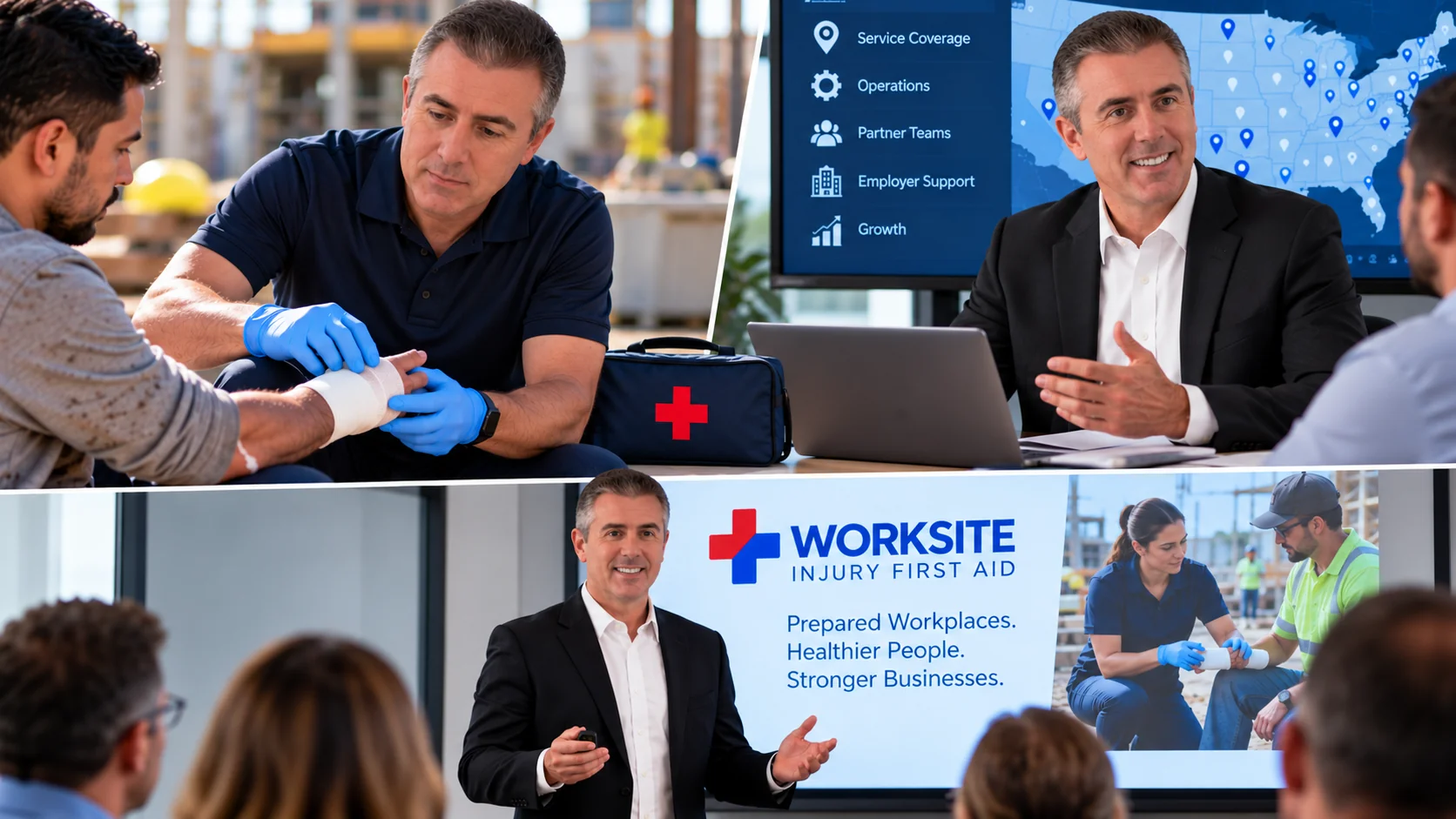 The founder providing worksite first aid, leading operations planning, and presenting to employers