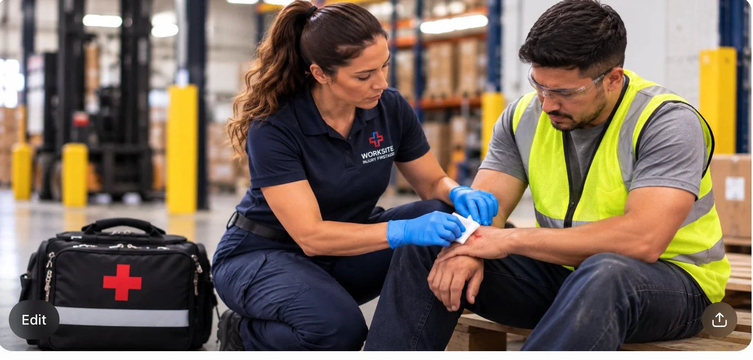 A technician cleaning and treating an employee's arm injury at the worksite