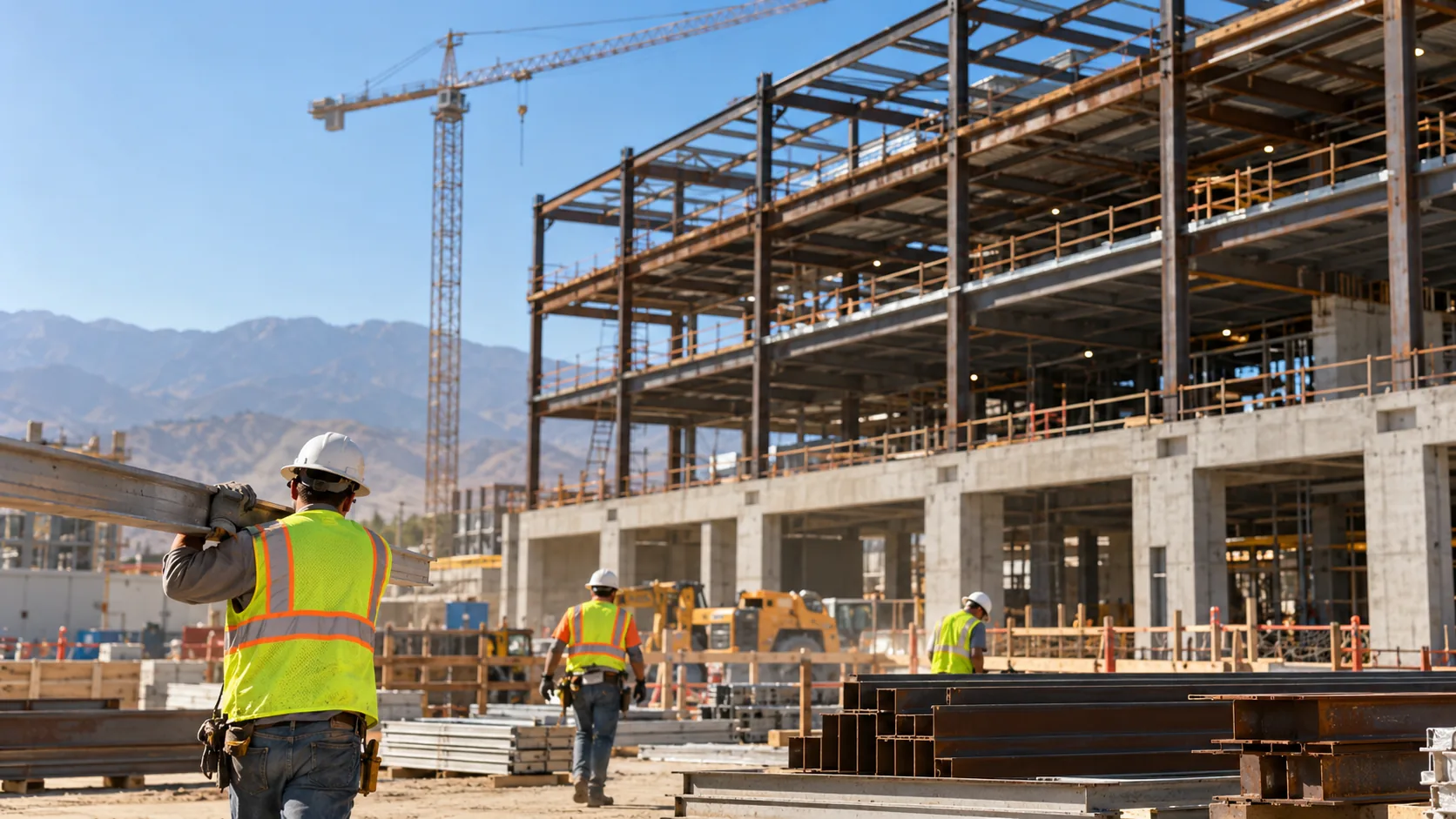 Construction employees in hard hats and safety vests at a commercial building site with a tower crane