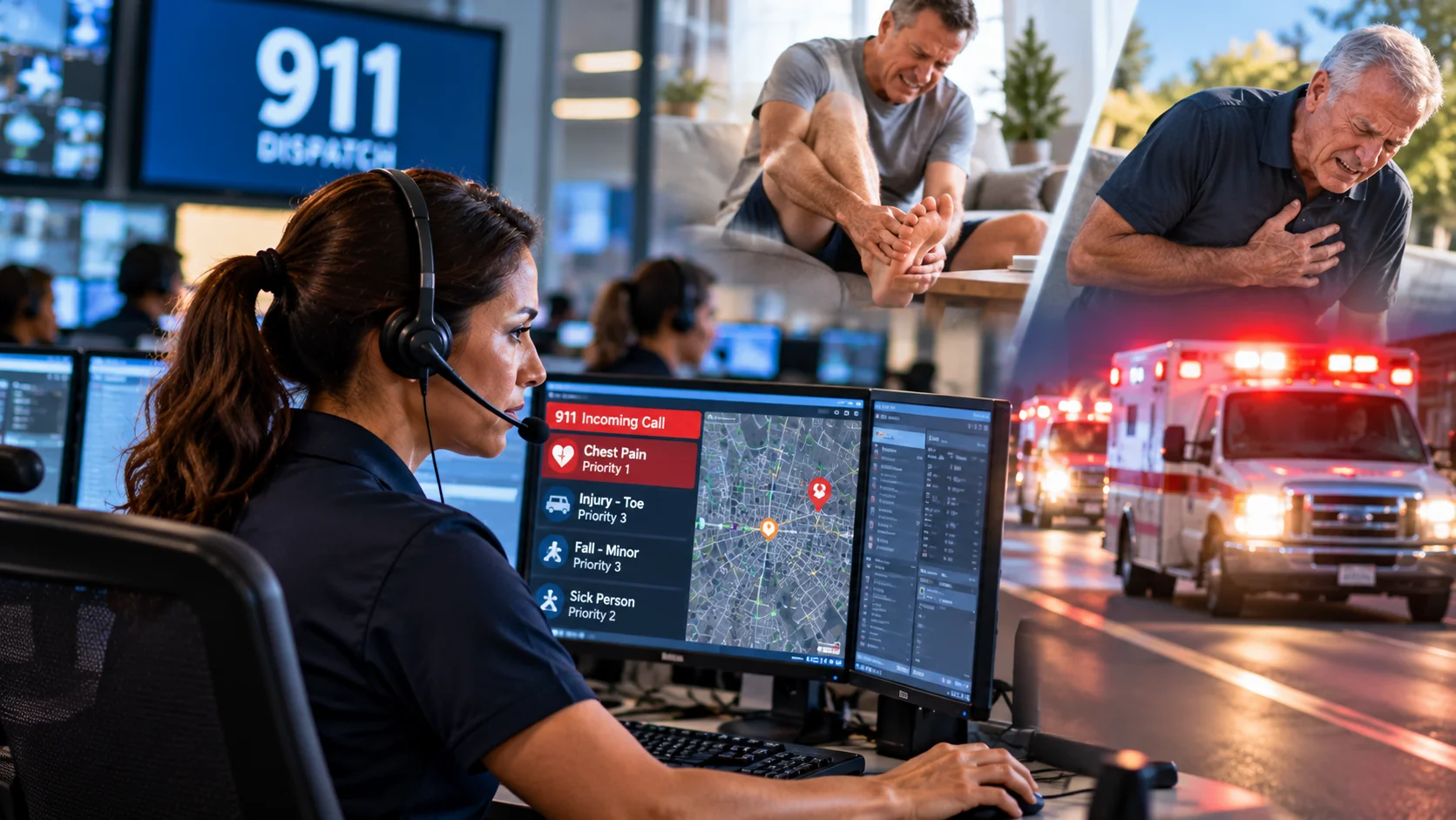 A 911 dispatcher triaging calls alongside scenes of a minor toe injury, a chest-pain emergency, and responding ambulances