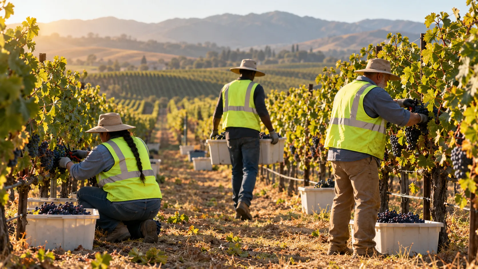 Three employees in hi-vis vests and wide-brim hats hand-harvesting grapes into bins in a Southern California vineyard