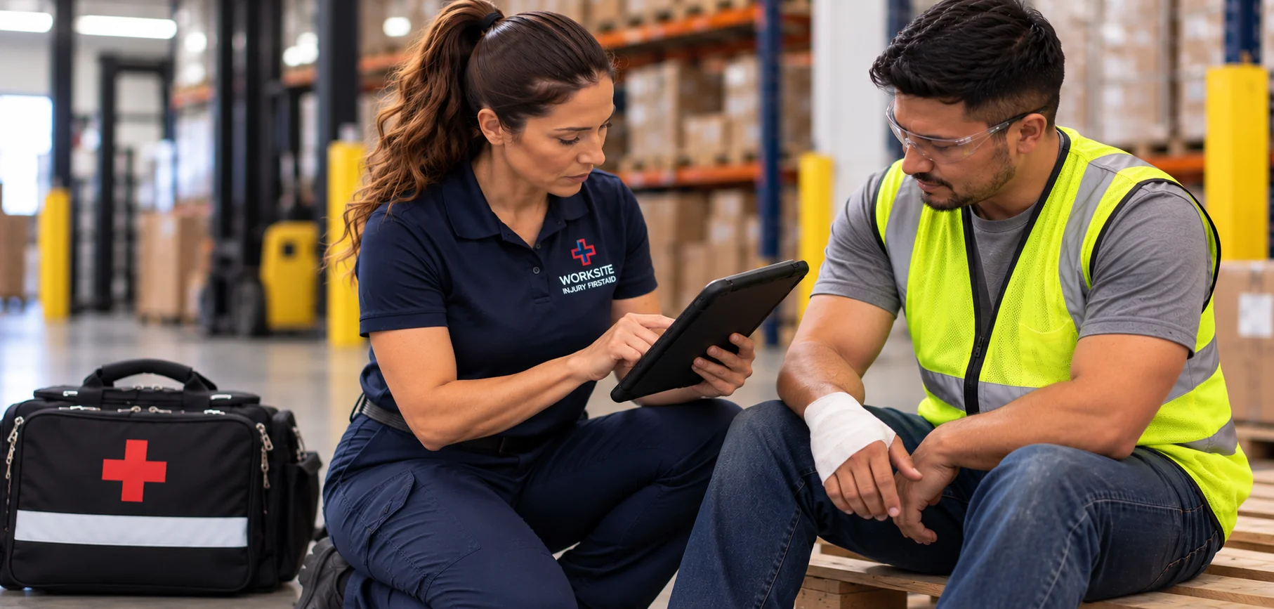 A technician documenting the service on a tablet beside the employee