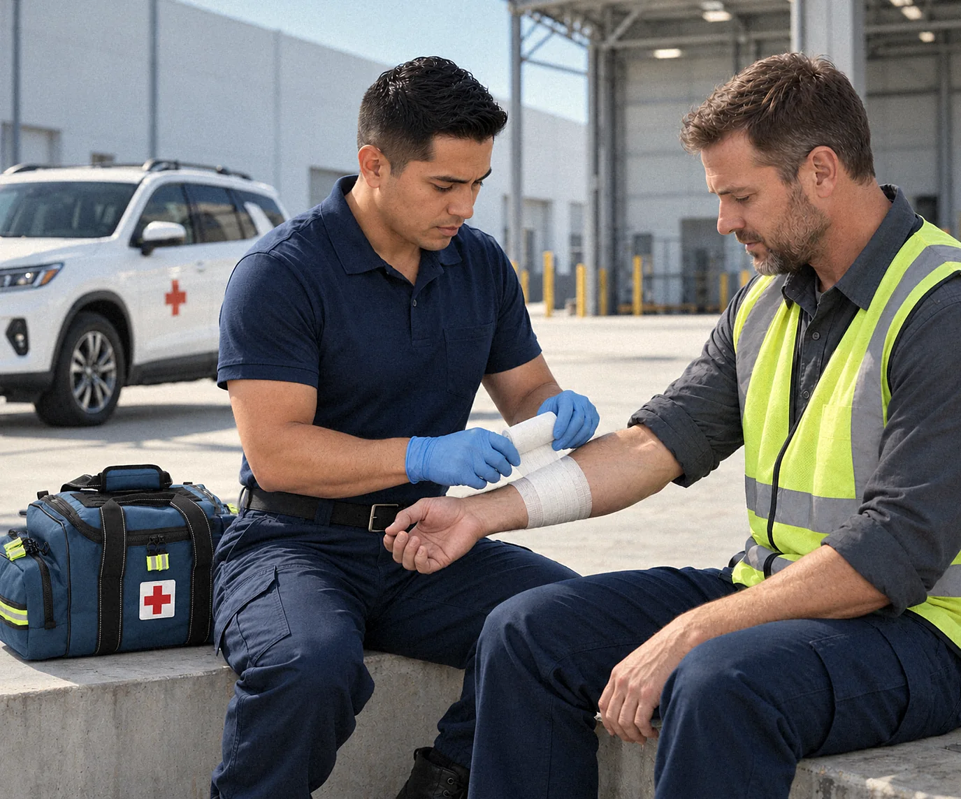 A mobile first-aid technician bandaging an employee's arm at a worksite